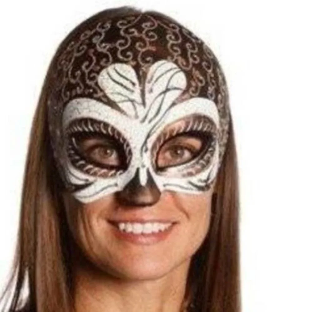 Masquerade Mask Halloween Mardi Gras White & Copper Half Cat Eye Ceramic Party